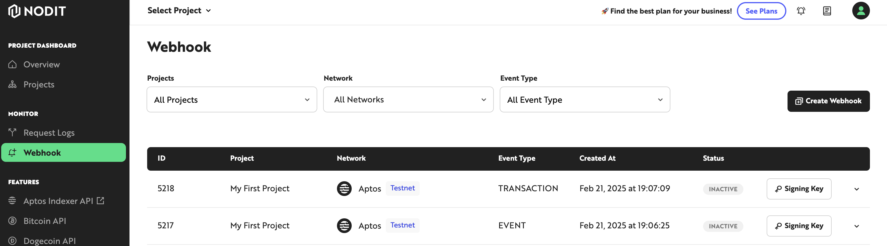 aptos webhook console