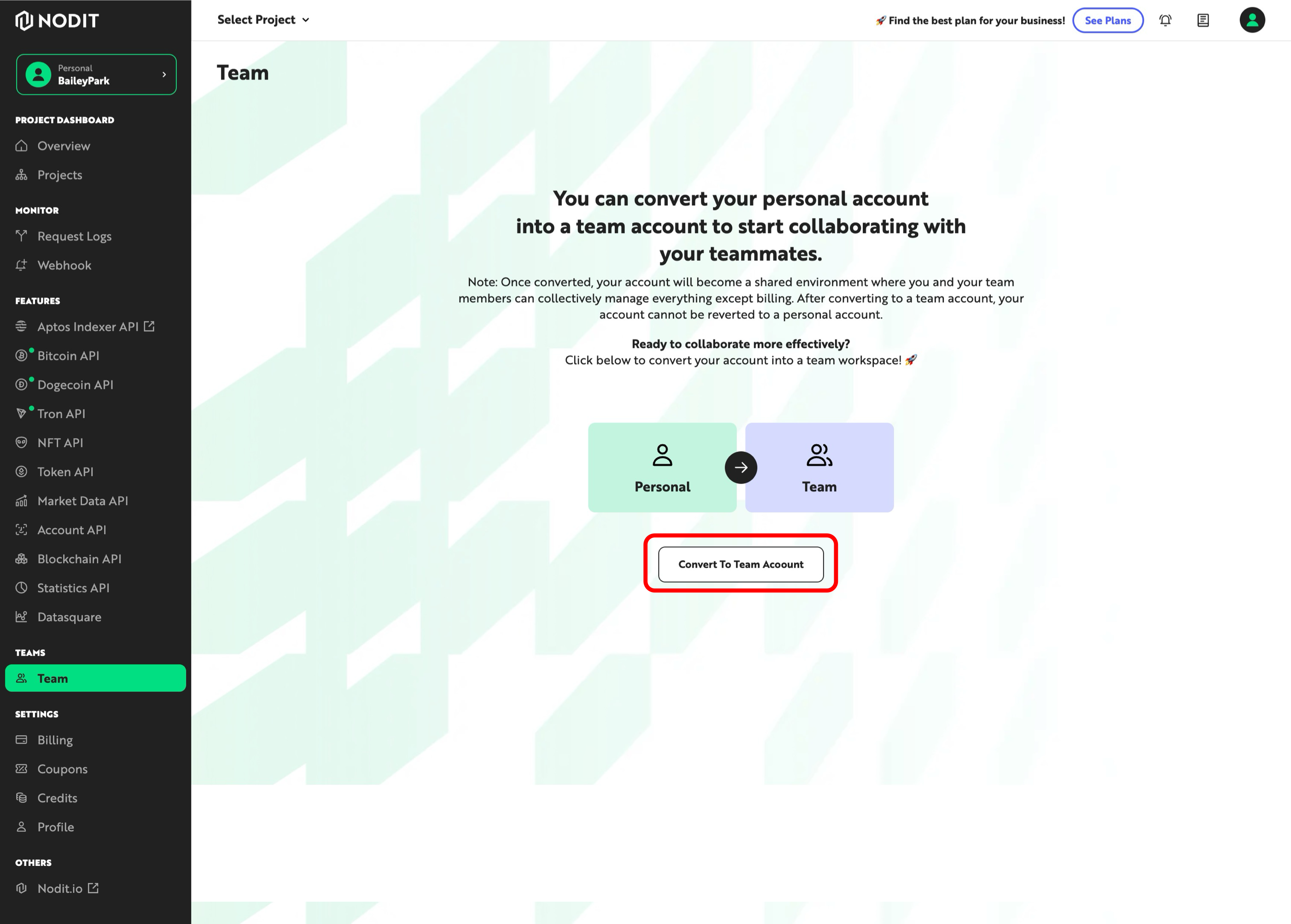 Team Account Settings to Team