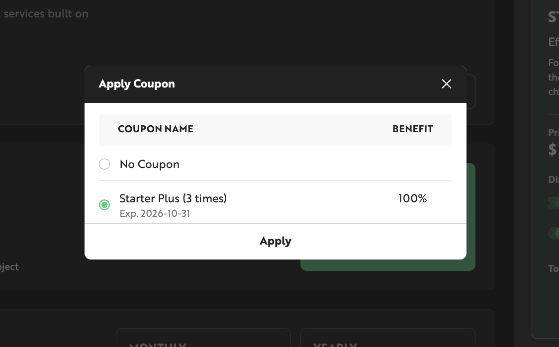 Coupon selection and application screen