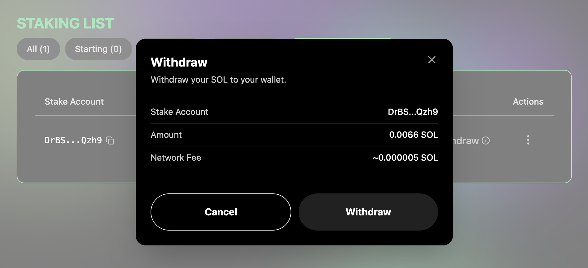 Nodit Solana Staking Withdrawal Modal