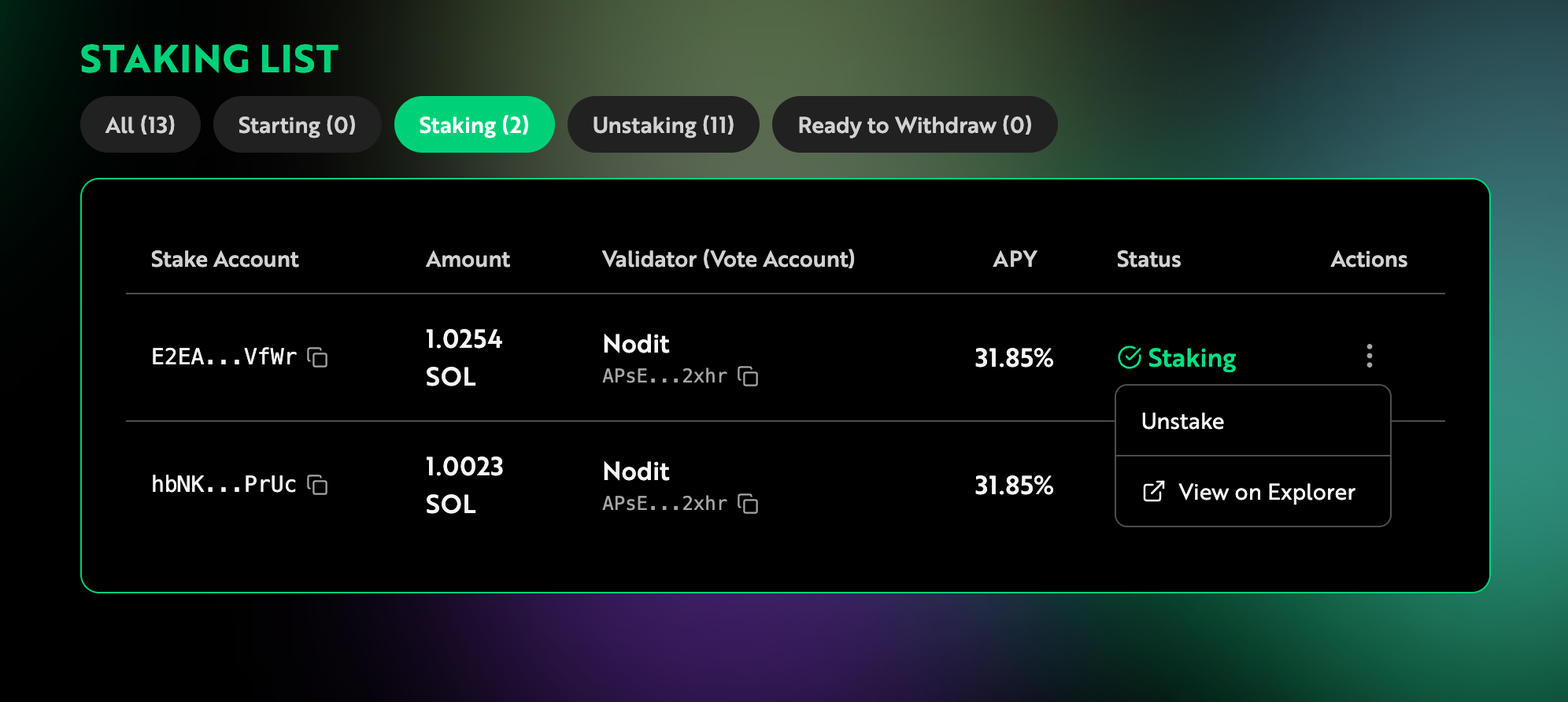 Nodit Solana Unstaking Button