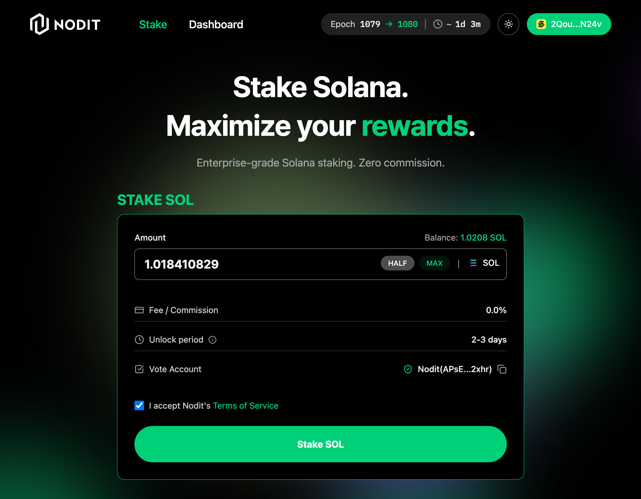Nodit Solana Staking Service Connected Wallet
