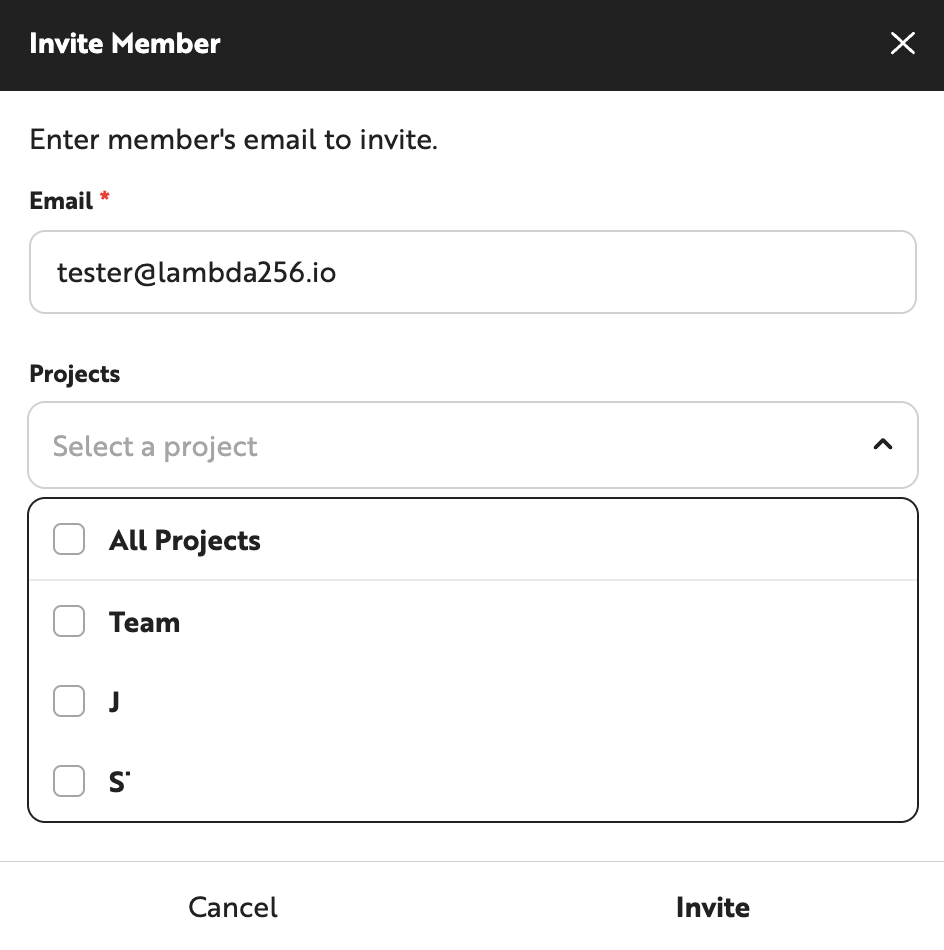 Member invitation email input popup