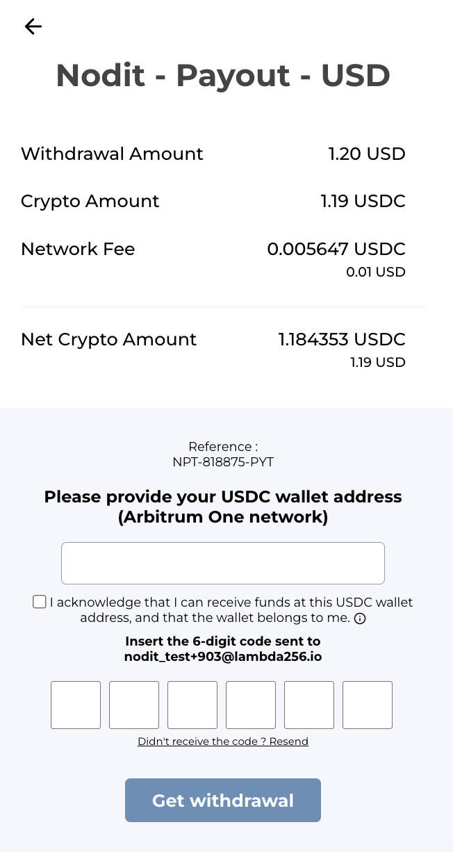 Wallet address and verification code form