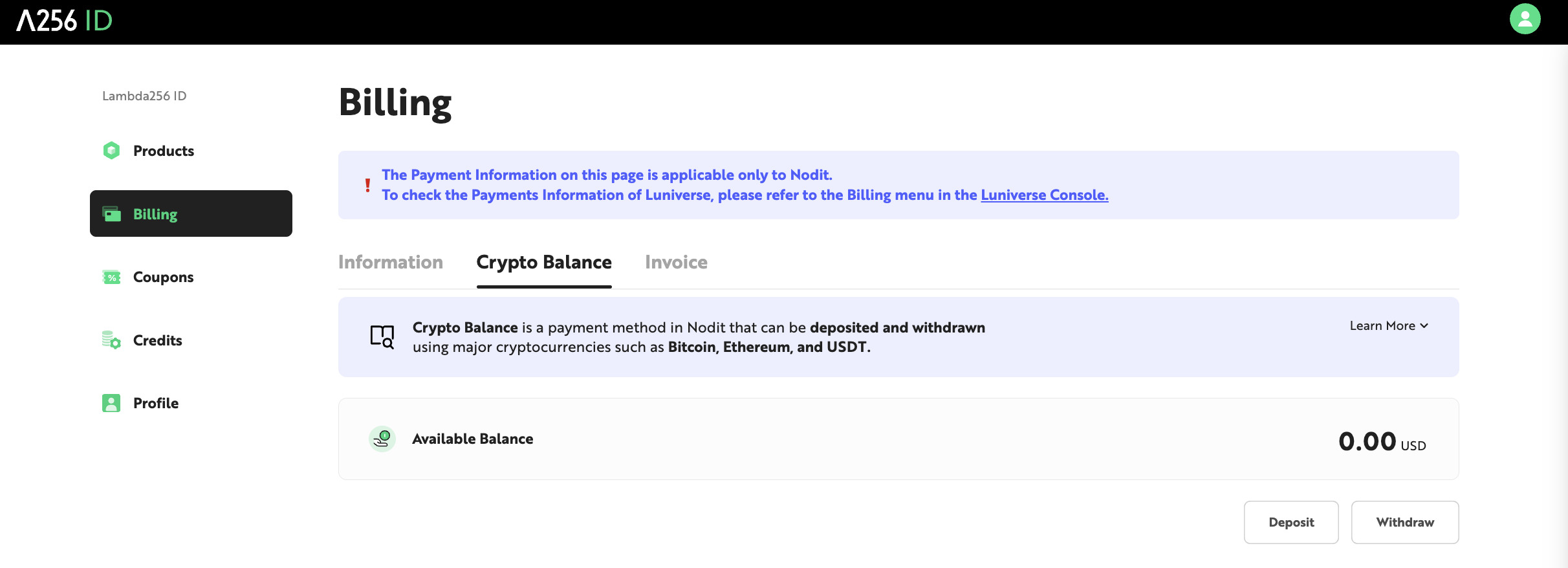 Crypto Balance tab under the Billing menu