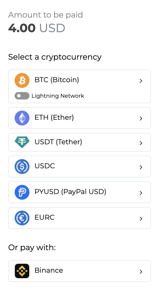 Cryptocurrency selection popup