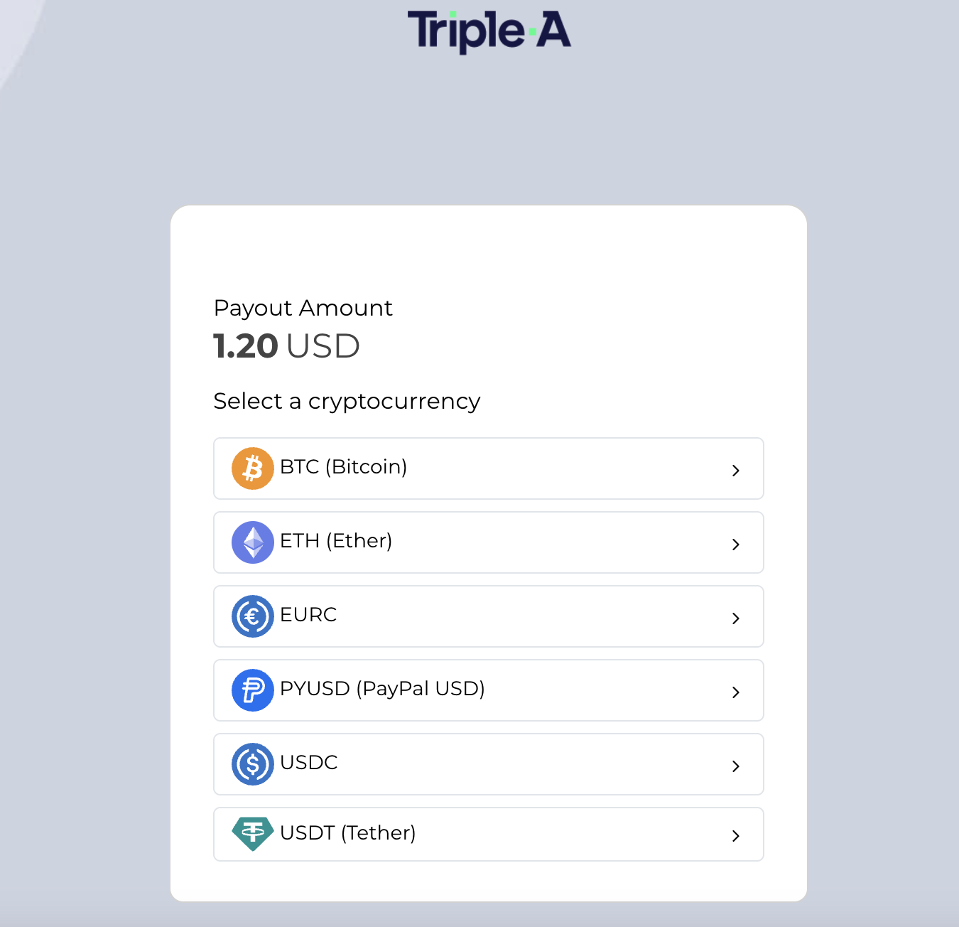 Withdrawal cryptocurrency selection popup