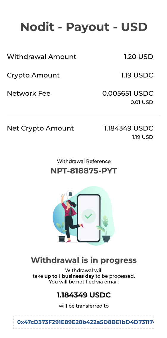 Withdrawal completion popup