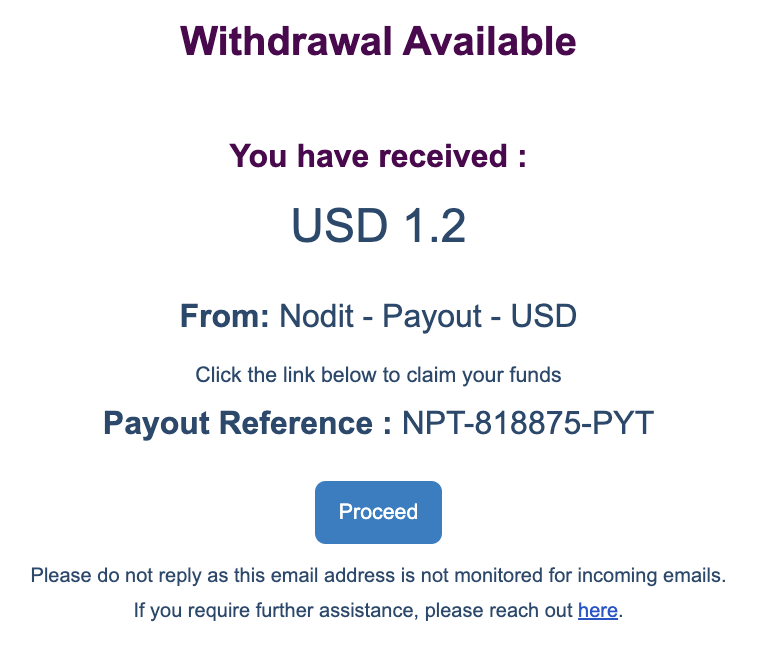 Proceed button in the withdrawal email