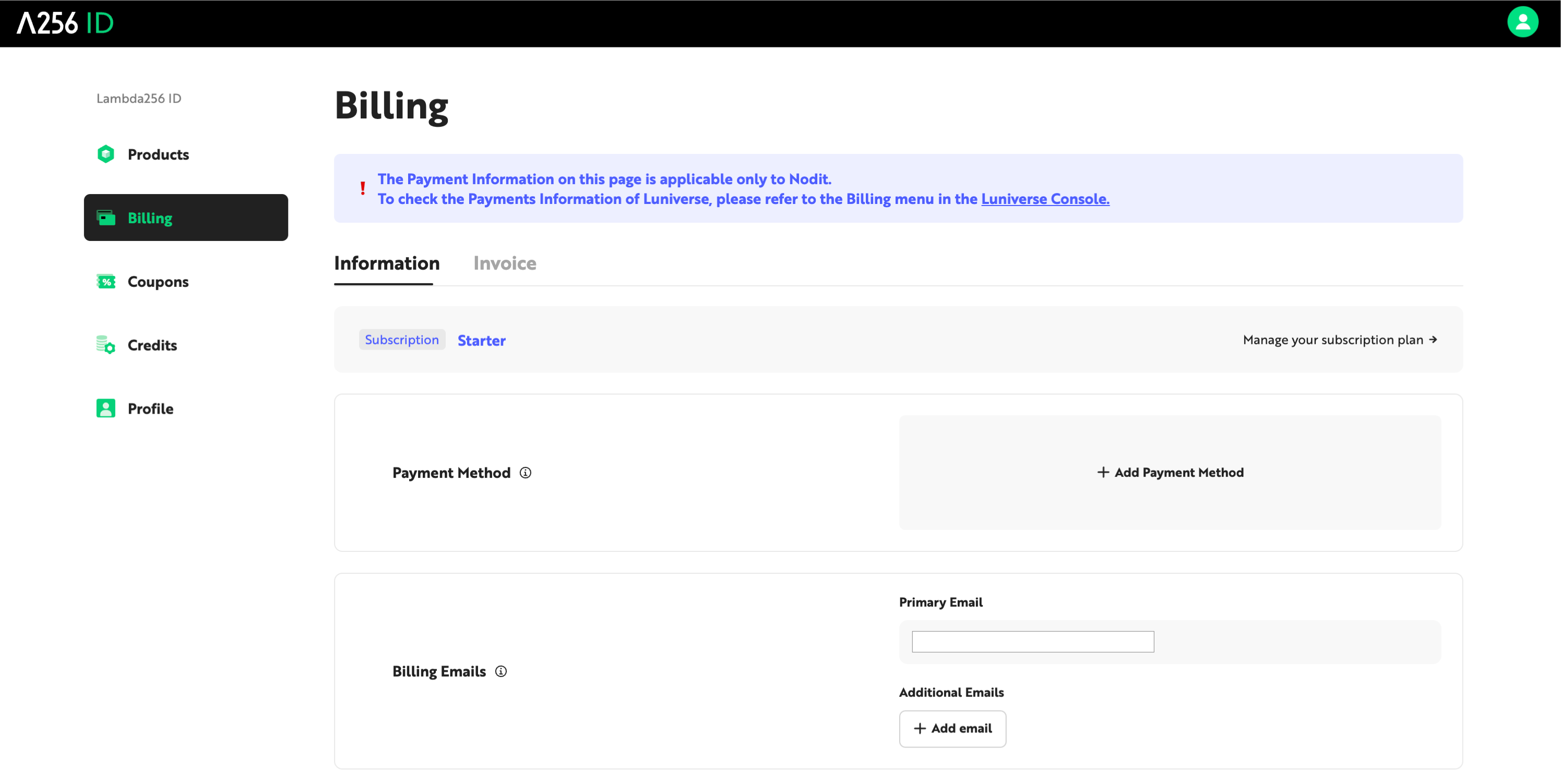 Add Payment Method box on the Billing dashboard
