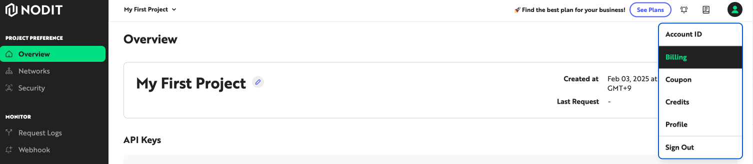 Billing item in the console profile menu