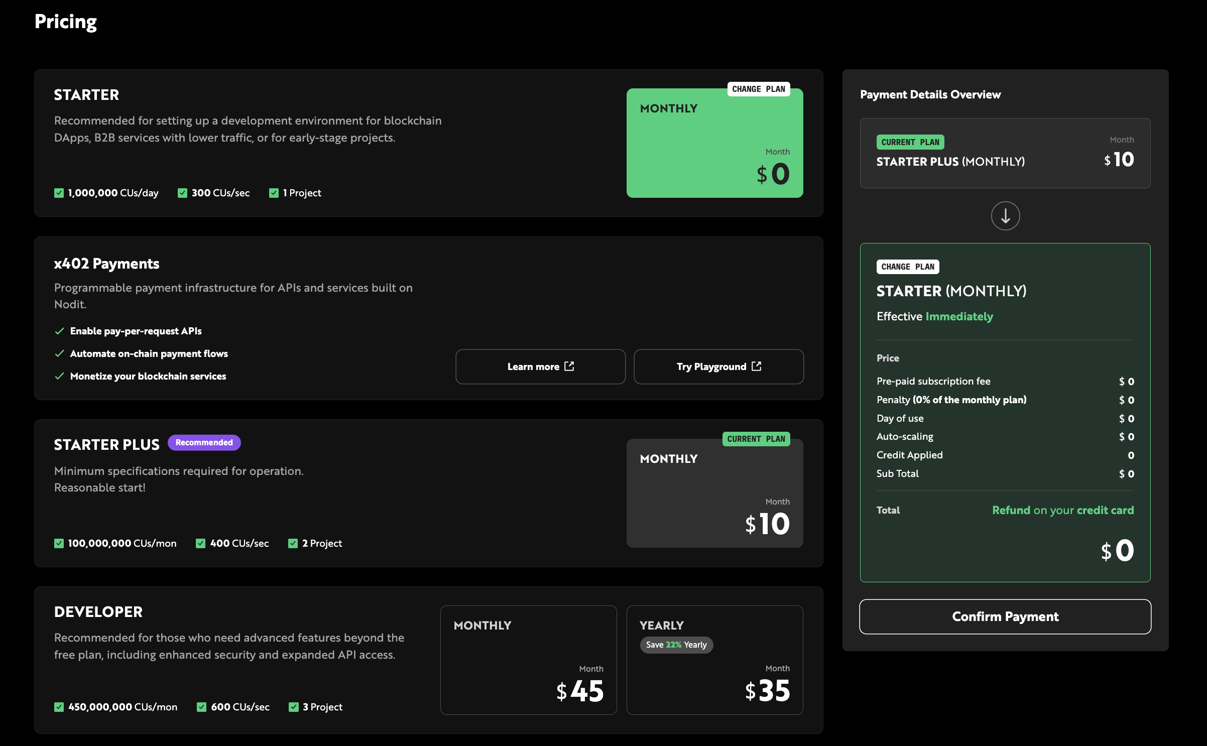 Downgrade plan selection screen